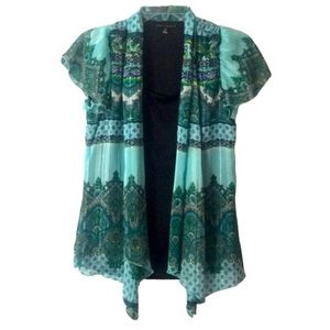 🌞 Sara Michelle 2/1 sheer blouse & cami set aqua black short sleeve top women S